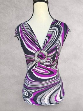 Purple and Gray Swirl V-Neck Top with Rhinestone Ring